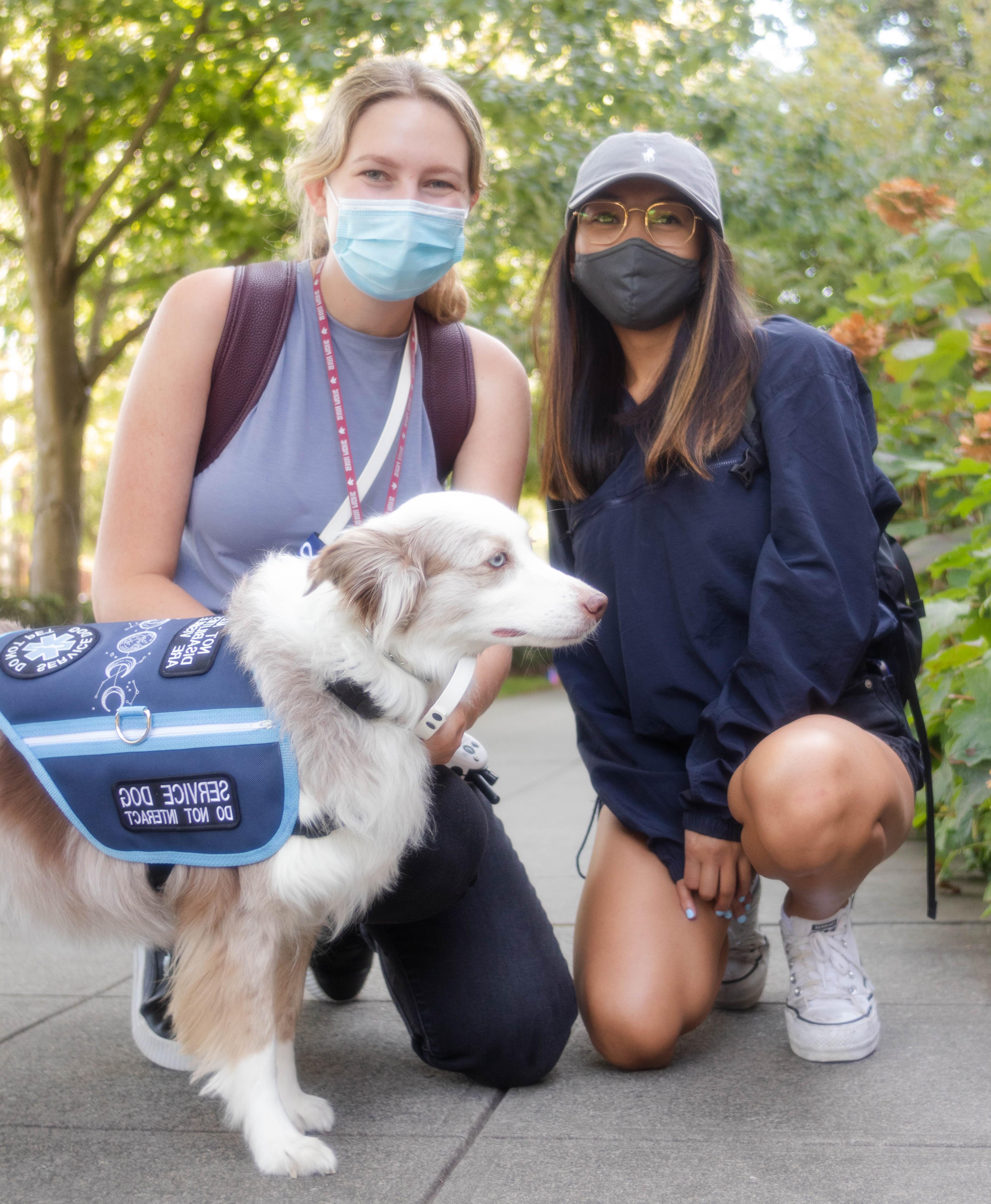 Two students crouch outside with a service dog.